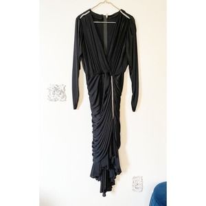 Amazing Vintage Black Ruched Column Draped Deep-V Cocktail Evening Dress